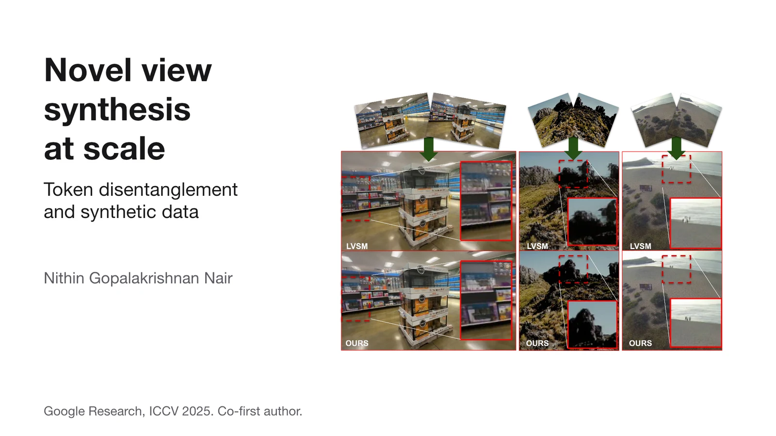 Three scenes comparing input views, LVSM and Tok-D reconstructions
