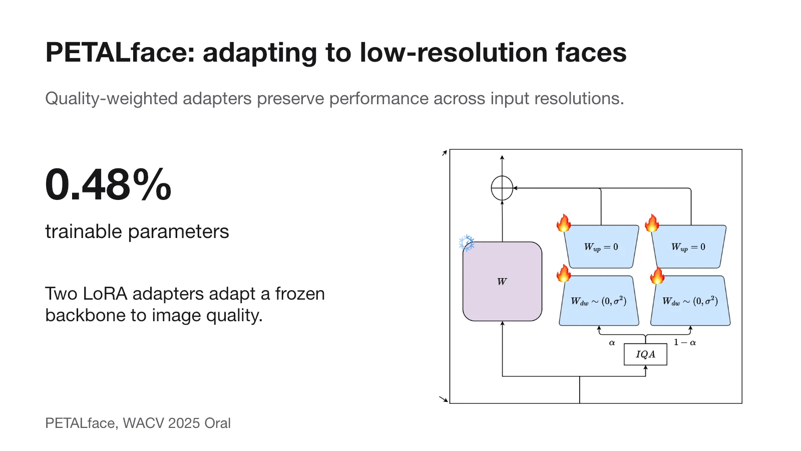 PETALface adapts a frozen recognition model with quality-weighted dual LoRA and 0.48% trainable parameters